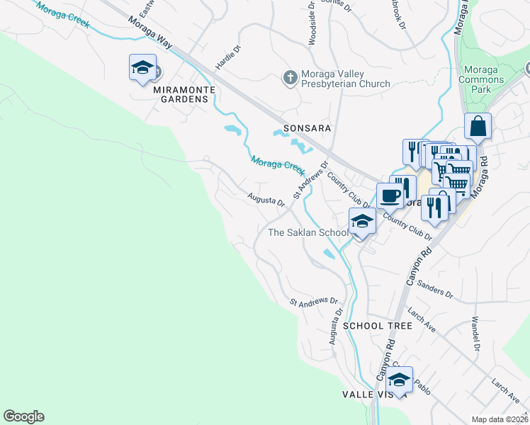 map of restaurants, bars, coffee shops, grocery stores, and more near 4920 N Calle Faja in Moraga