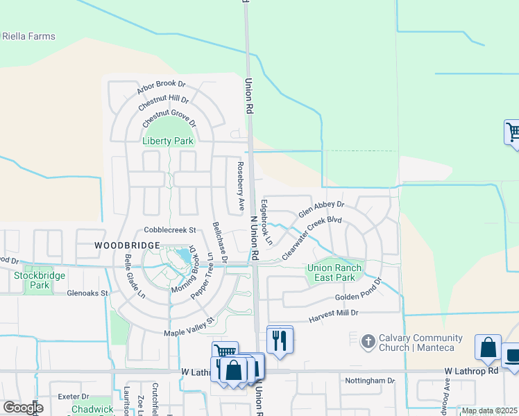 map of restaurants, bars, coffee shops, grocery stores, and more near 2577 Edgebrook Lane in Manteca