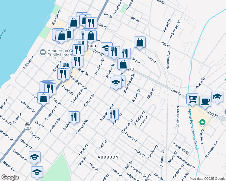 map of restaurants, bars, coffee shops, grocery stores, and more near Center Street in Henderson