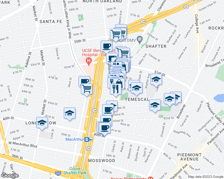 map of restaurants, bars, coffee shops, grocery stores, and more near Shattuck Ave & 47th St in Oakland