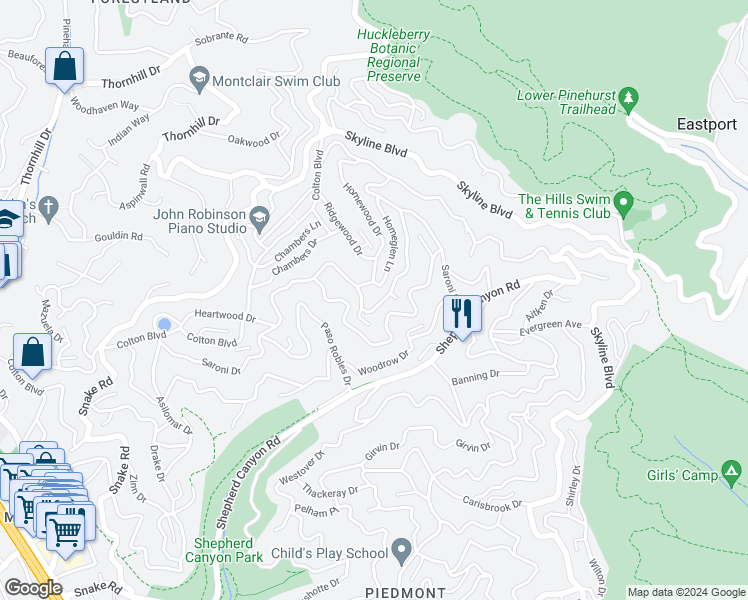 map of restaurants, bars, coffee shops, grocery stores, and more near 7069 Saroni Drive in Oakland