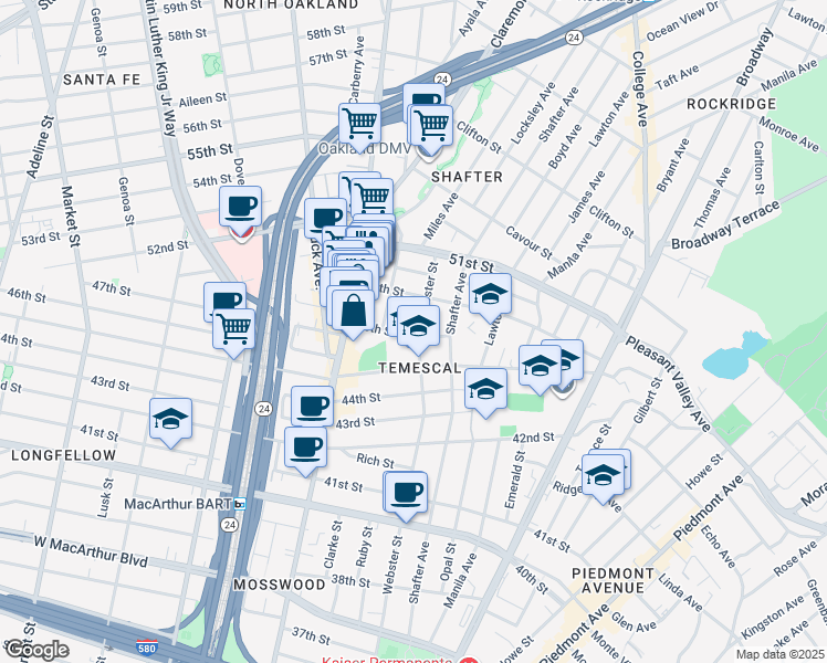 map of restaurants, bars, coffee shops, grocery stores, and more near 4803 Webster Street in Oakland