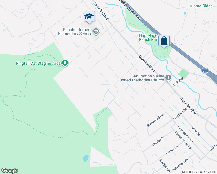 map of restaurants, bars, coffee shops, grocery stores, and more near 1001 Ironwood Place in Alamo