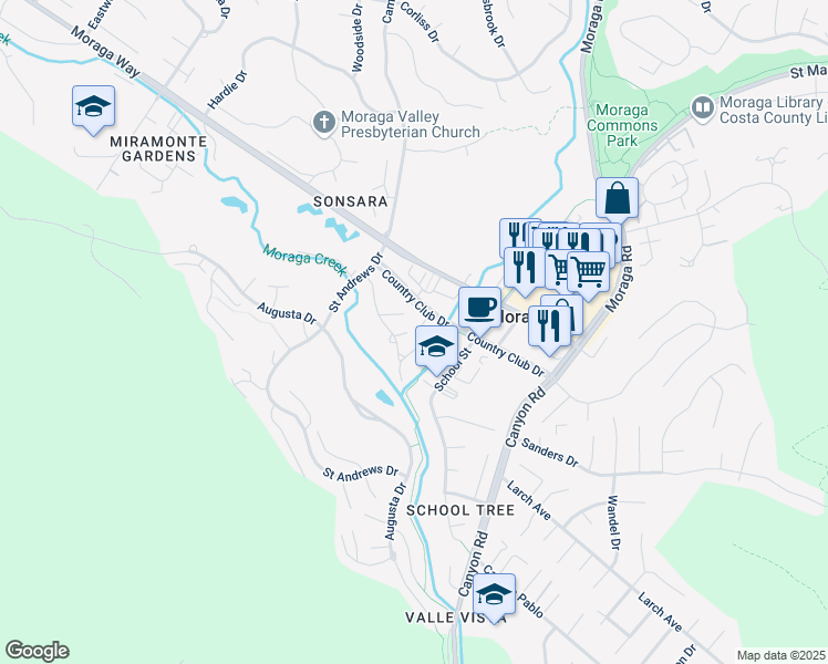 map of restaurants, bars, coffee shops, grocery stores, and more near 149 Cypress Point Way in Moraga