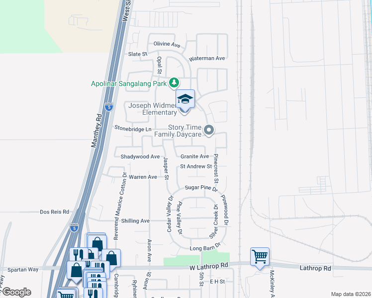 map of restaurants, bars, coffee shops, grocery stores, and more near 760 Limestone Avenue in Lathrop