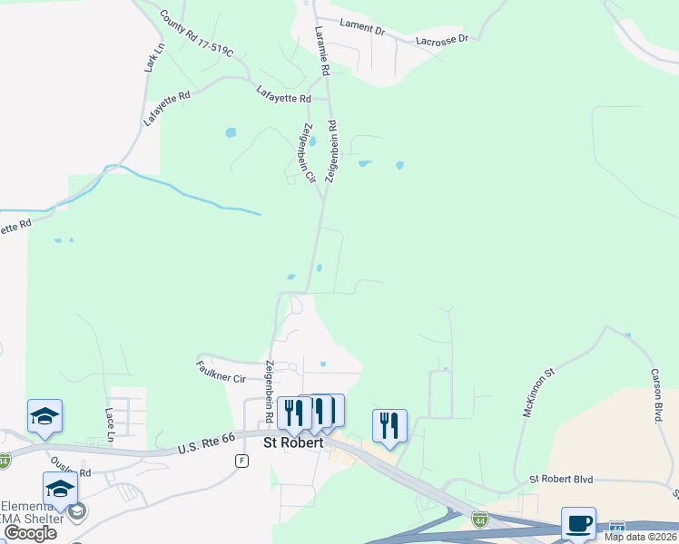 map of restaurants, bars, coffee shops, grocery stores, and more near 102 Daniels Court in Saint Robert