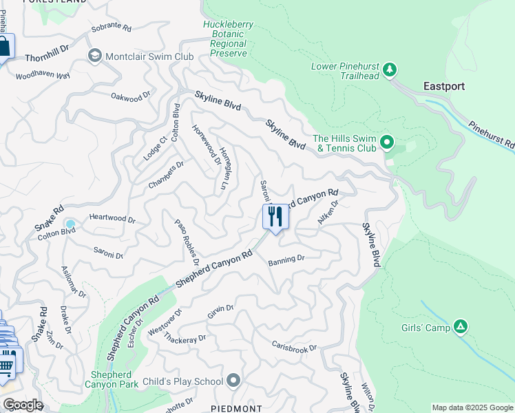 map of restaurants, bars, coffee shops, grocery stores, and more near 7475 Woodrow Drive in Oakland
