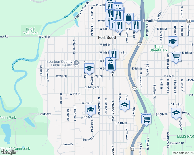 map of restaurants, bars, coffee shops, grocery stores, and more near 702 South Crawford Street in Fort Scott