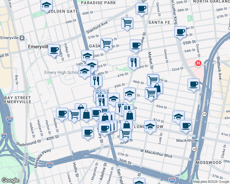 map of restaurants, bars, coffee shops, grocery stores, and more near 4325 Essex Street in Emeryville
