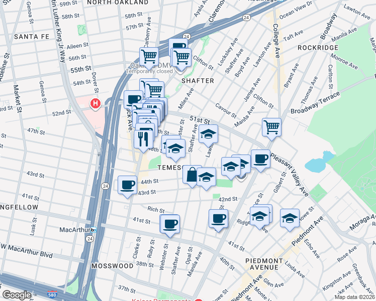 map of restaurants, bars, coffee shops, grocery stores, and more near 4815 Shafter Avenue in Oakland