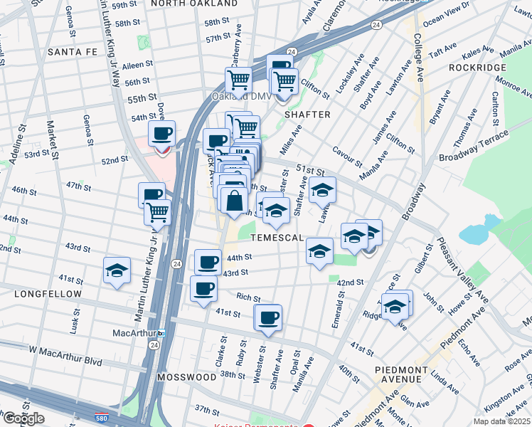 map of restaurants, bars, coffee shops, grocery stores, and more near 4803 Webster Street in Oakland