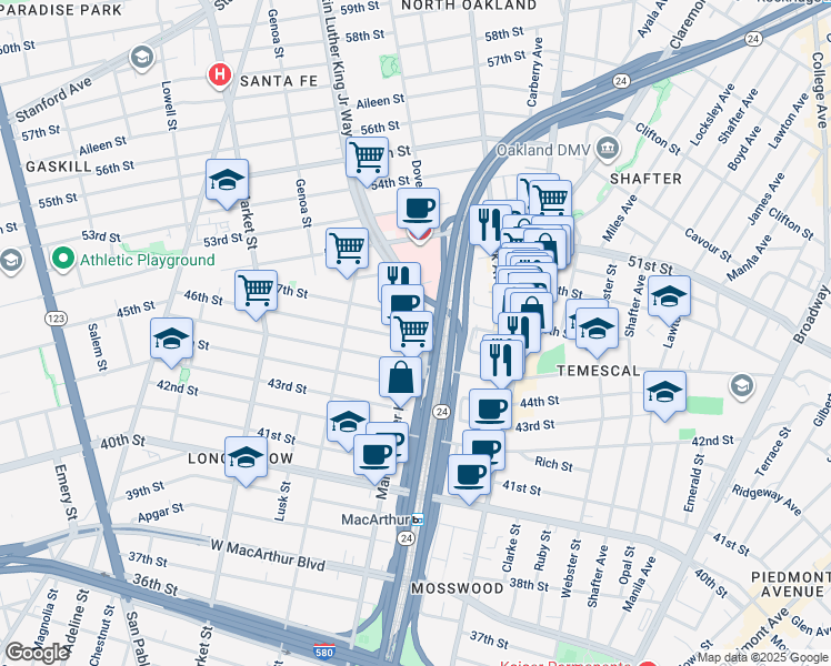 map of restaurants, bars, coffee shops, grocery stores, and more near in Oakland