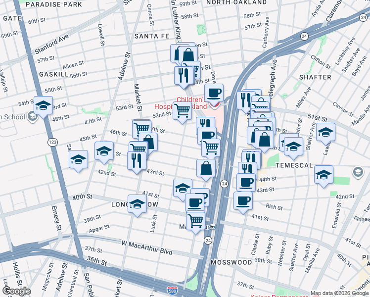 map of restaurants, bars, coffee shops, grocery stores, and more near 735 46th Street in Oakland