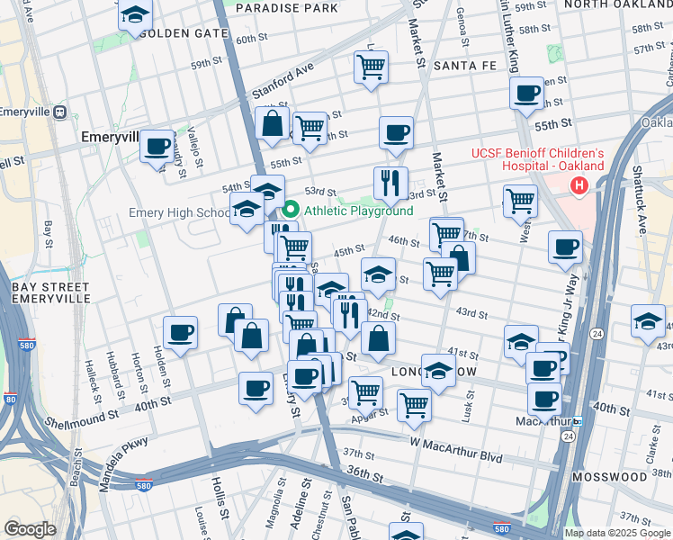 map of restaurants, bars, coffee shops, grocery stores, and more near 4325 Essex Street in Emeryville