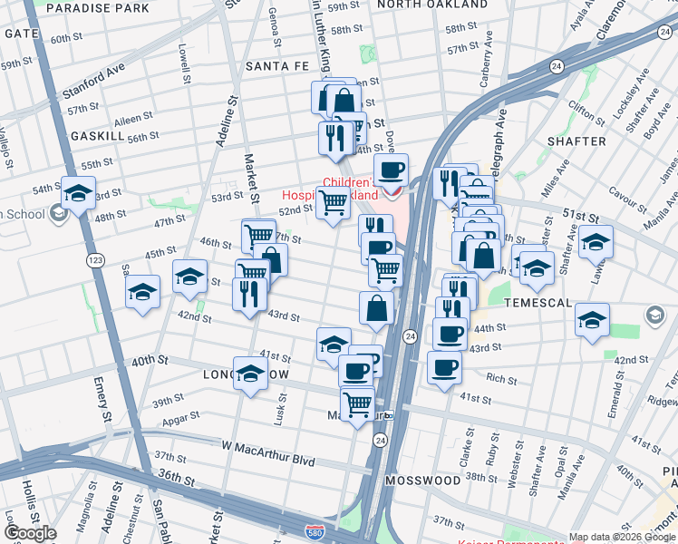 map of restaurants, bars, coffee shops, grocery stores, and more near 735 46th Street in Oakland
