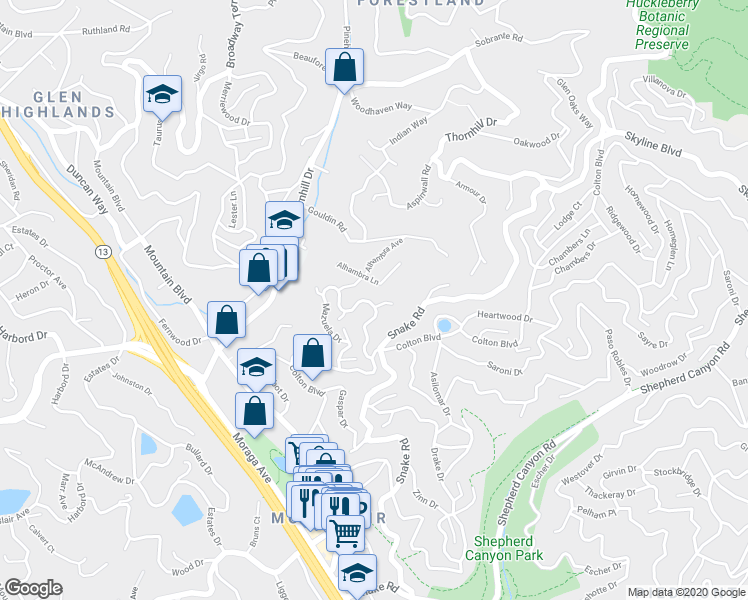 map of restaurants, bars, coffee shops, grocery stores, and more near 6060 Mazuela Drive in Oakland