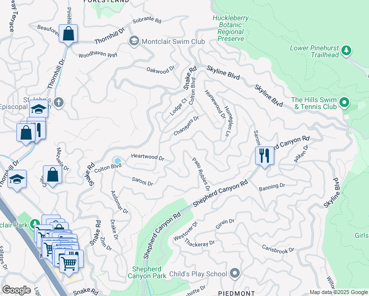 map of restaurants, bars, coffee shops, grocery stores, and more near 6939 Paso Robles Drive in Oakland