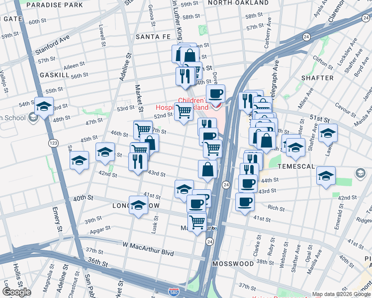 map of restaurants, bars, coffee shops, grocery stores, and more near 735 46th Street in Oakland