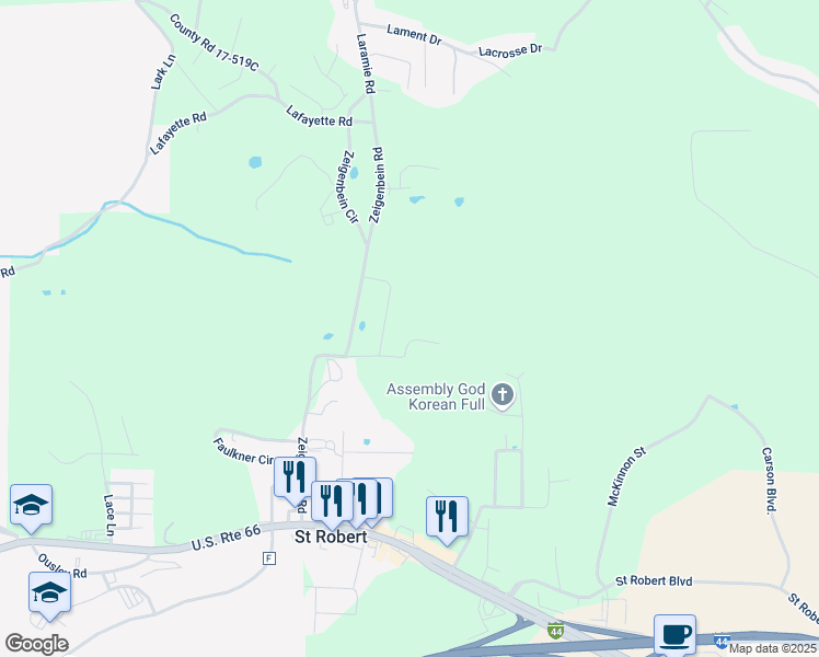 map of restaurants, bars, coffee shops, grocery stores, and more near 102 Daniels Court in Saint Robert