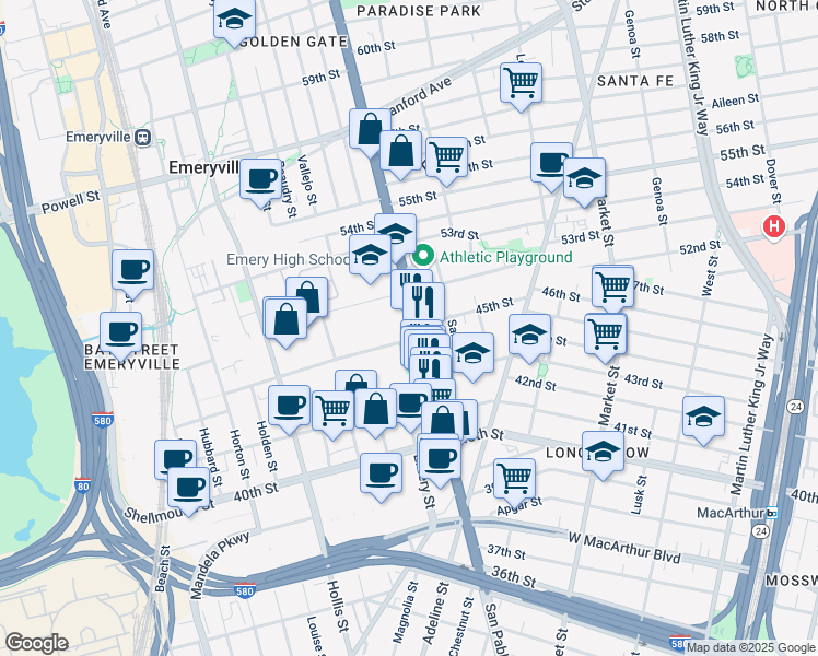 map of restaurants, bars, coffee shops, grocery stores, and more near 4501 San Pablo Avenue in Emeryville
