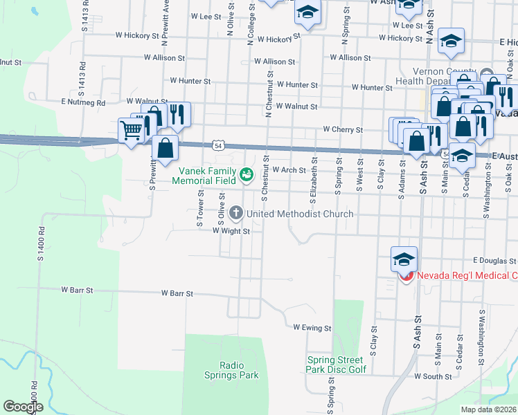 map of restaurants, bars, coffee shops, grocery stores, and more near 412 South Chestnut Street in Nevada