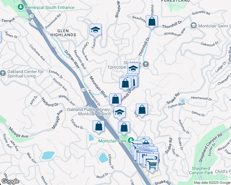 map of restaurants, bars, coffee shops, grocery stores, and more near 5701 Grisborne Avenue in Oakland