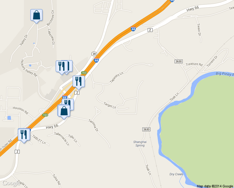 map of restaurants, bars, coffee shops, grocery stores, and more near 13497 Toffee Lane in Devils Elbow