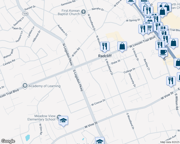 map of restaurants, bars, coffee shops, grocery stores, and more near 218 State Street in Radcliff