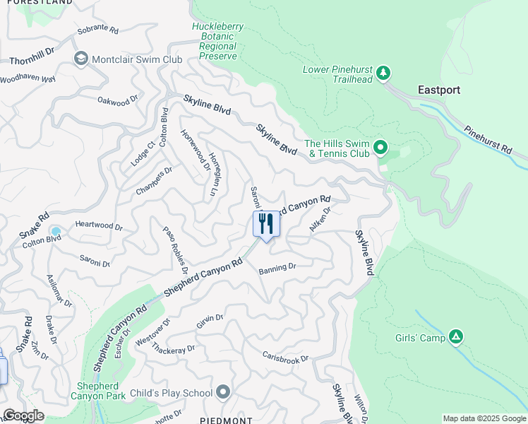 map of restaurants, bars, coffee shops, grocery stores, and more near 7377 Saroni Drive in Oakland
