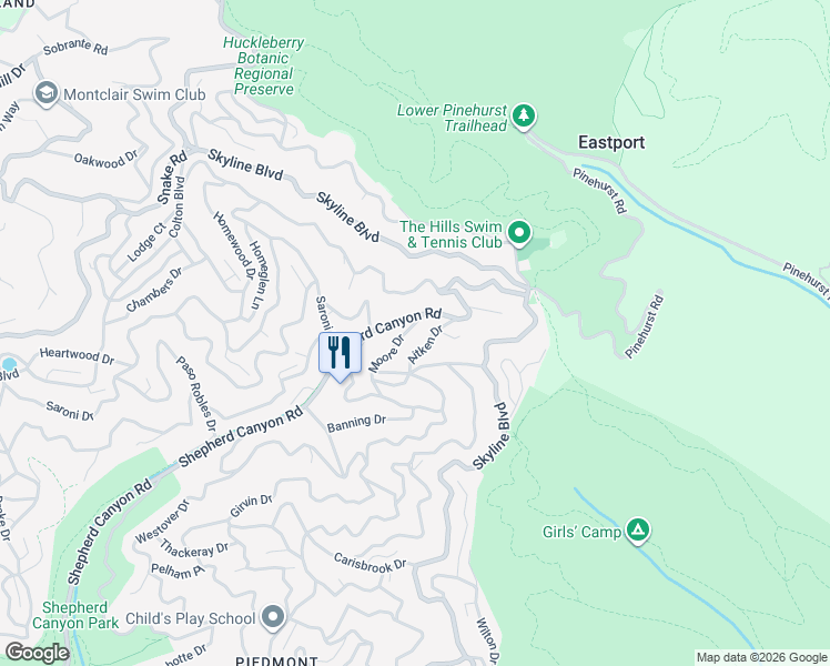 map of restaurants, bars, coffee shops, grocery stores, and more near 6868 Moore Drive in Oakland