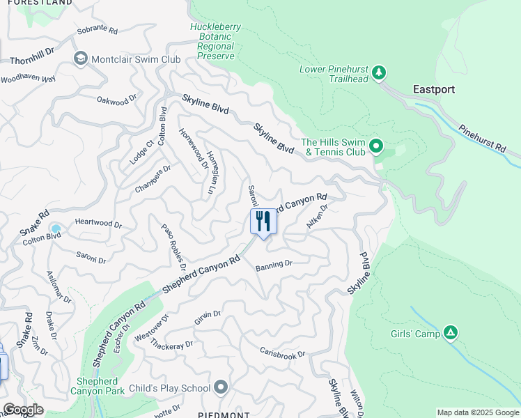 map of restaurants, bars, coffee shops, grocery stores, and more near 7377 Saroni Drive in Oakland