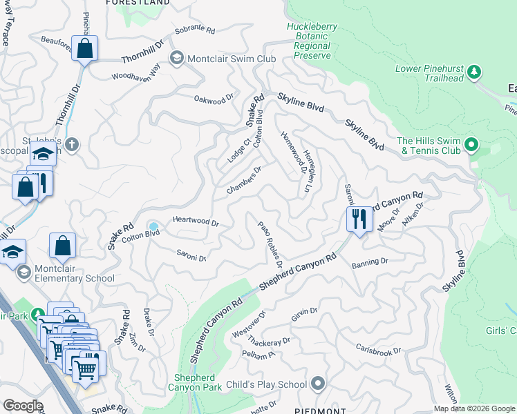 map of restaurants, bars, coffee shops, grocery stores, and more near 6939 Paso Robles Drive in Oakland
