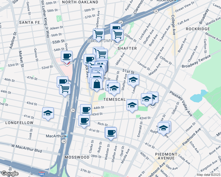 map of restaurants, bars, coffee shops, grocery stores, and more near 4803 Webster Street in Oakland