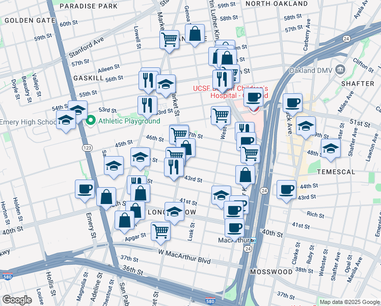 map of restaurants, bars, coffee shops, grocery stores, and more near 888 45th Street in Oakland