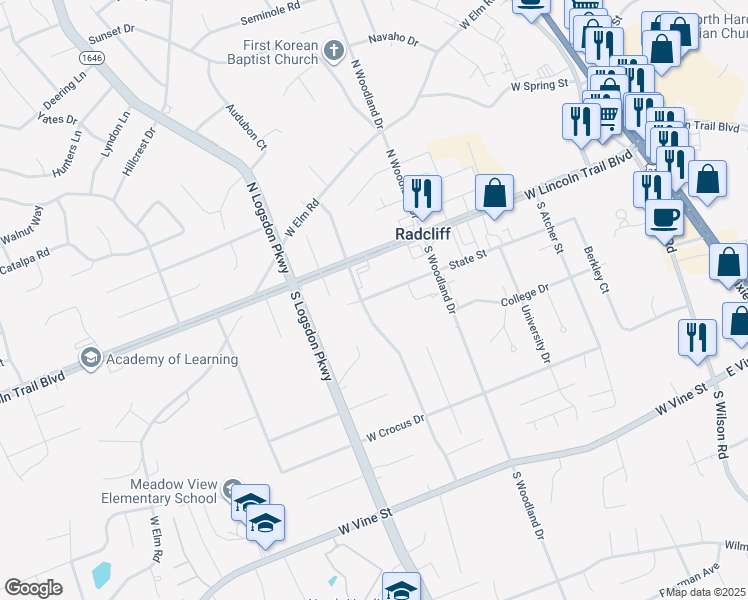 map of restaurants, bars, coffee shops, grocery stores, and more near 218-818 State St in Radcliff
