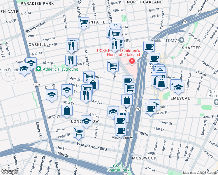 map of restaurants, bars, coffee shops, grocery stores, and more near 809 46th Street in Oakland