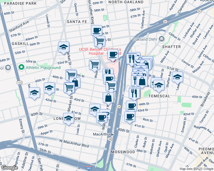 map of restaurants, bars, coffee shops, grocery stores, and more near 672 46th Street in Oakland