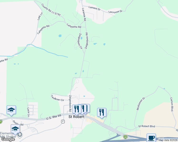 map of restaurants, bars, coffee shops, grocery stores, and more near 102 Daniels Court in Saint Robert