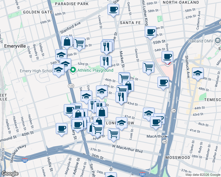 map of restaurants, bars, coffee shops, grocery stores, and more near in Emeryville