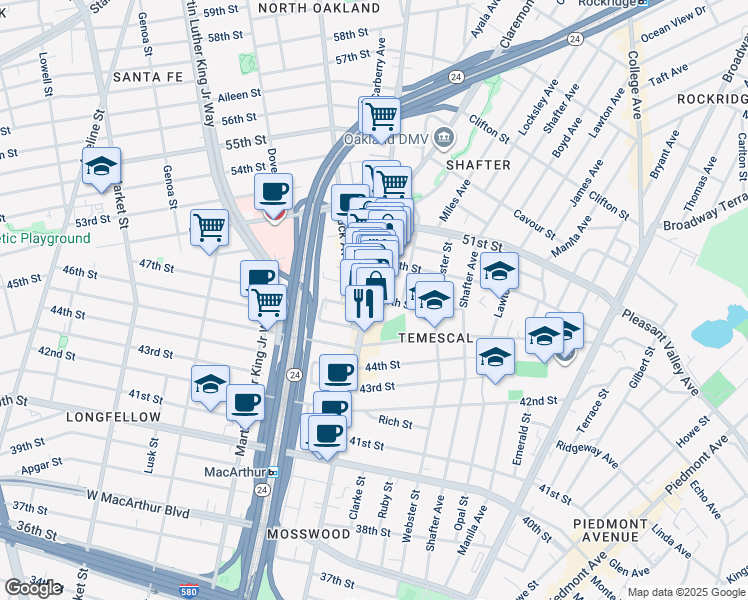 map of restaurants, bars, coffee shops, grocery stores, and more near 4700 Telegraph Avenue in Oakland