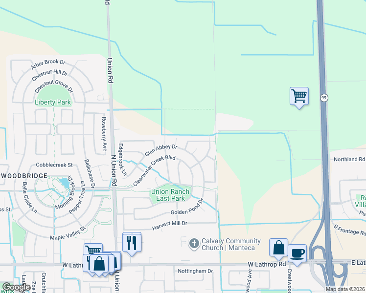 map of restaurants, bars, coffee shops, grocery stores, and more near 2559 Carefree Way in Manteca