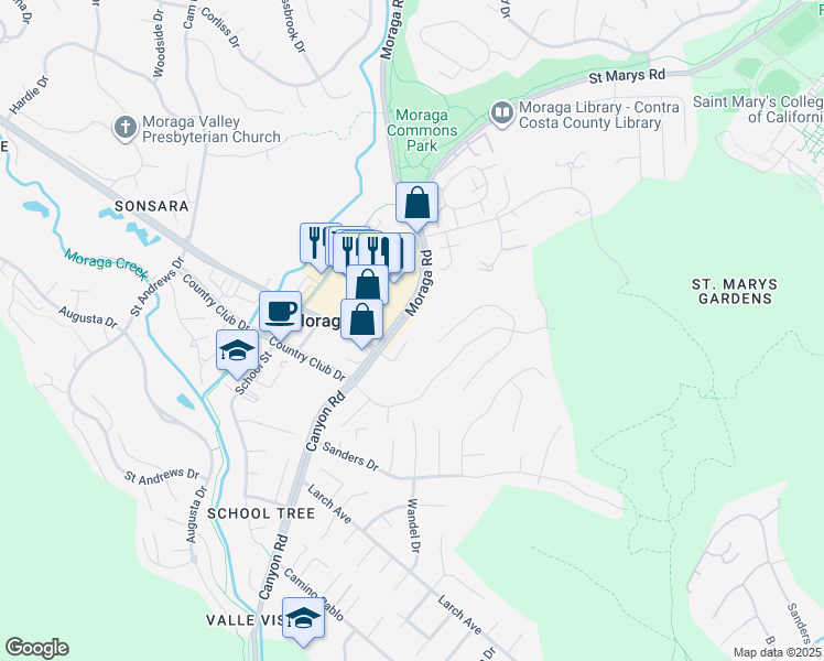 map of restaurants, bars, coffee shops, grocery stores, and more near 1541 Moraga Way in Moraga