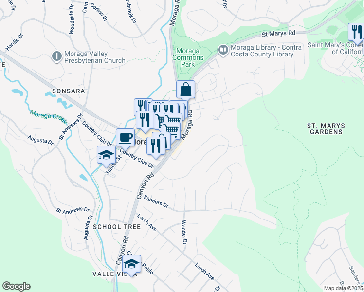 map of restaurants, bars, coffee shops, grocery stores, and more near 1541 Moraga Way in Moraga