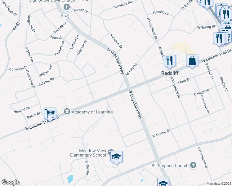 map of restaurants, bars, coffee shops, grocery stores, and more near Elm Road in Radcliff