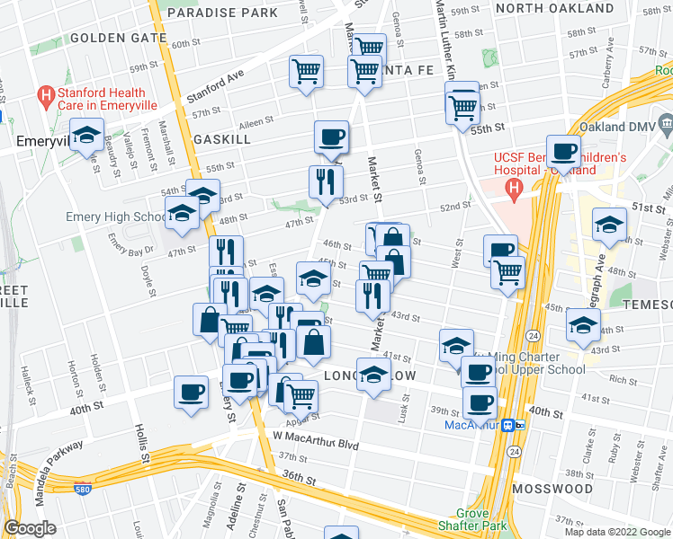 map of restaurants, bars, coffee shops, grocery stores, and more near 992 44th Street in Oakland