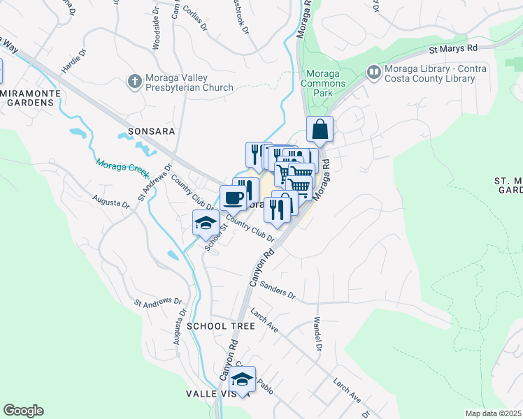 map of restaurants, bars, coffee shops, grocery stores, and more near in Moraga