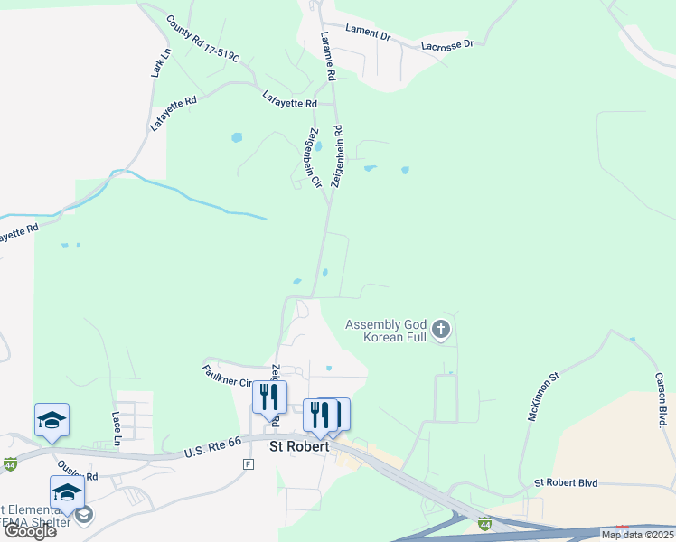 map of restaurants, bars, coffee shops, grocery stores, and more near 124 Andrews Drive in Saint Robert
