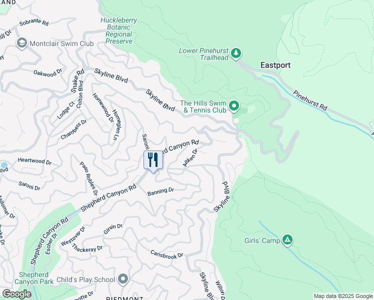 map of restaurants, bars, coffee shops, grocery stores, and more near 6868 Moore Drive in Oakland