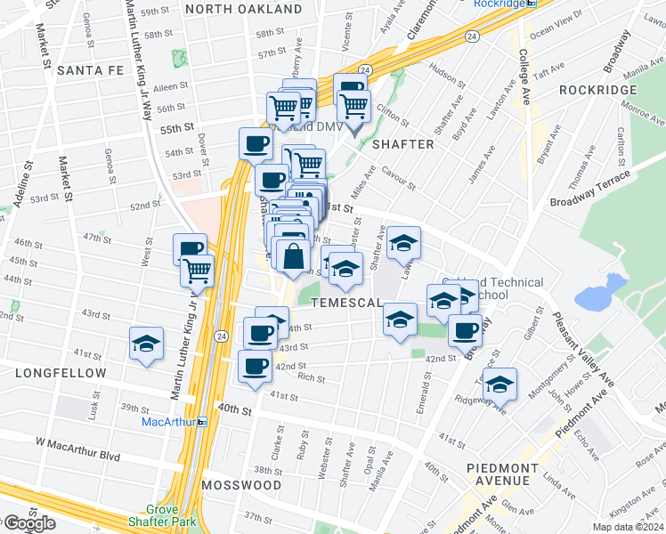 map of restaurants, bars, coffee shops, grocery stores, and more near 4803 Webster Street in Oakland