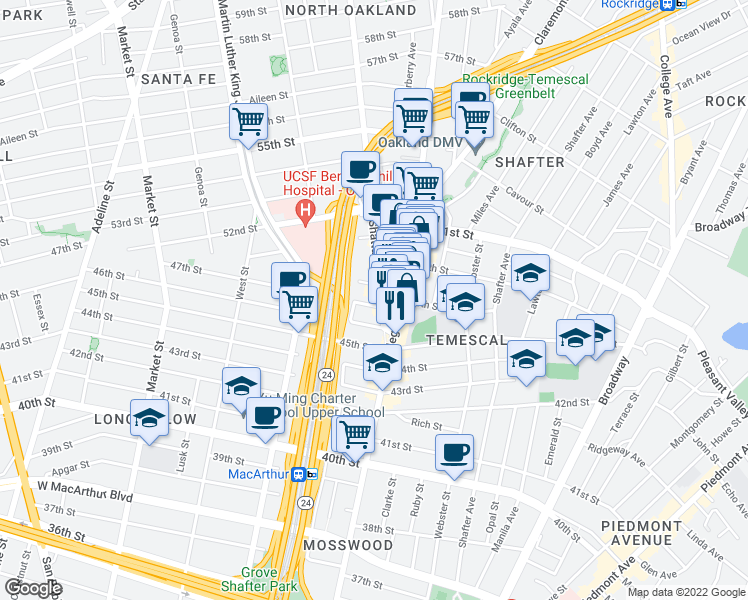 map of restaurants, bars, coffee shops, grocery stores, and more near 4691 Telegraph Avenue in Oakland
